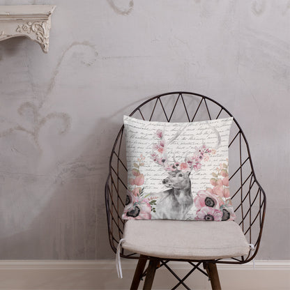 Floral Deer Head w/Vintage Handwritten Letter Premium Pillow