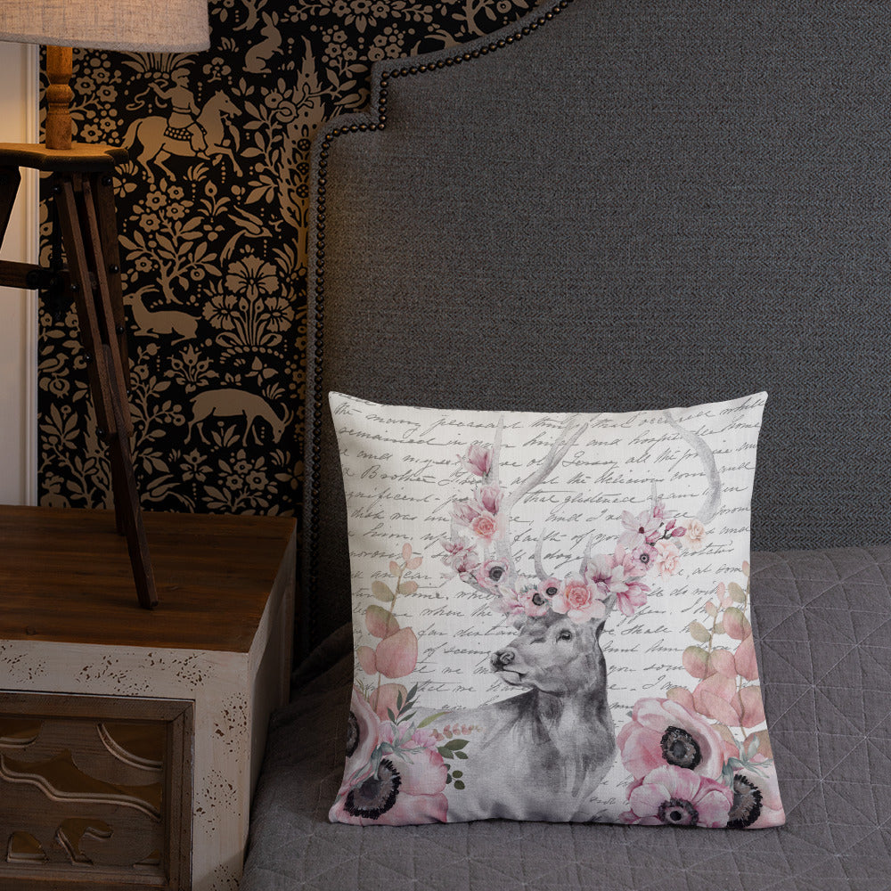 Floral Deer Head w/Vintage Handwritten Letter Premium Pillow