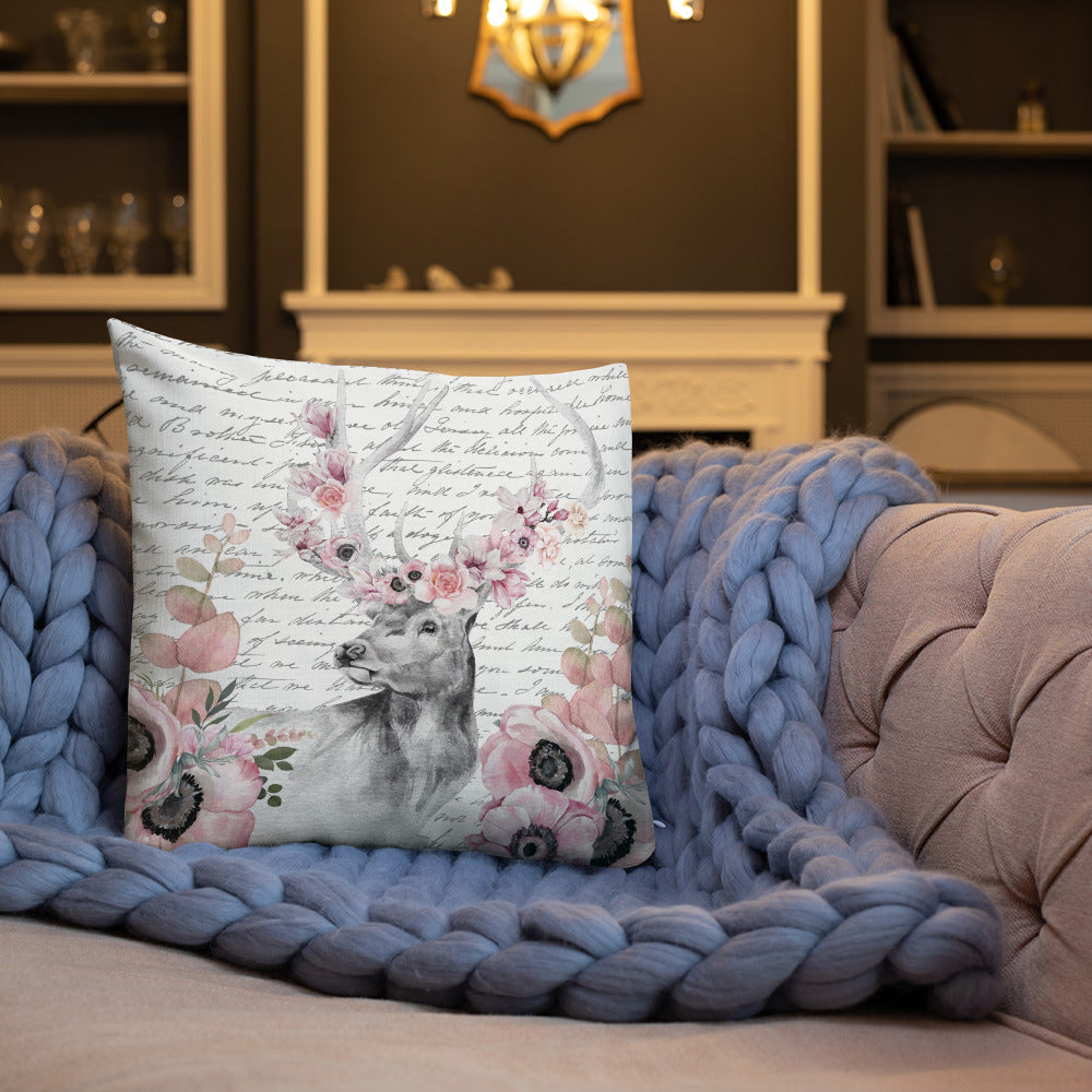 Floral Deer Head w/Vintage Handwritten Letter Premium Pillow