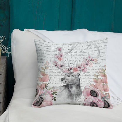 Floral Deer Head w/Vintage Handwritten Letter Premium Pillow