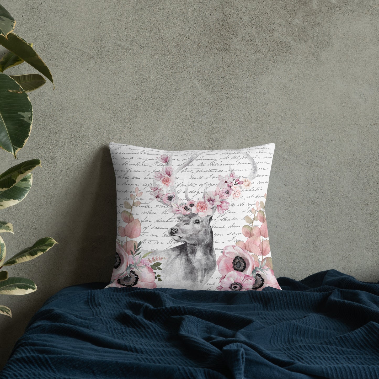 Floral Deer Head w/Vintage Handwritten Letter Premium Pillow