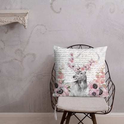 Floral Deer Head w/Vintage Handwritten Letter Premium Pillow