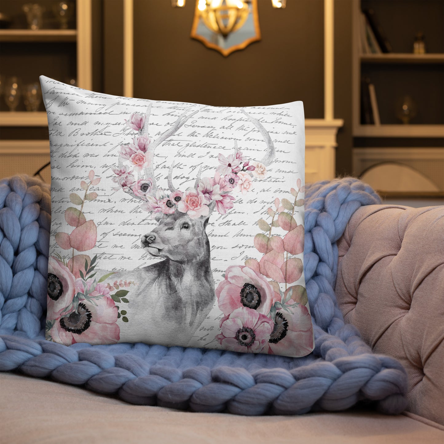 Floral Deer Head w/Vintage Handwritten Letter Premium Pillow