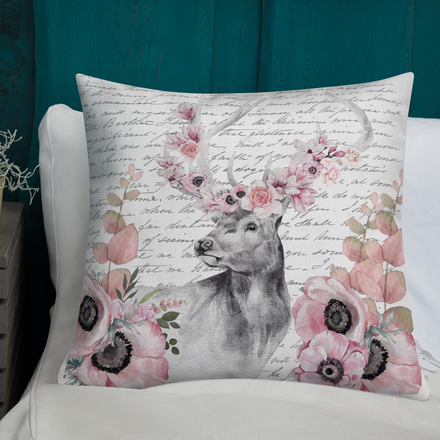 Floral Deer Head w/Vintage Handwritten Letter Premium Pillow