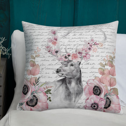 Floral Deer Head w/Vintage Handwritten Letter Premium Pillow