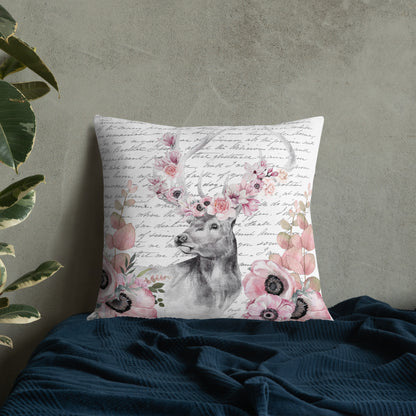 Floral Deer Head w/Vintage Handwritten Letter Premium Pillow